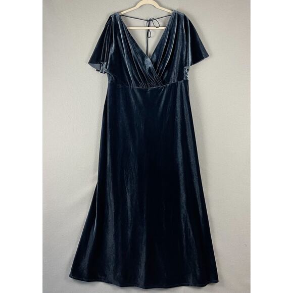 Jenny Yoo Ellis Velvet Maxi Dress Women 20 Blue Flutter Sleeve Bridesmaid Formal - Picture 2 of 16